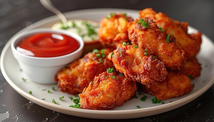 Fototapeta premium Fried chicken tenders or nuggets with ketchup and ranch for dipping 