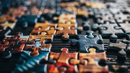 Obraz premium Diverse array of puzzle pieces spread out with a partially completed puzzle showing progress