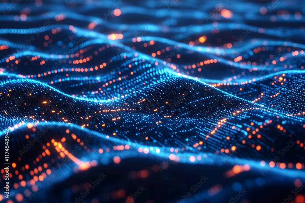 Poster digital wave: abstract rendering of a flowing data stream, visualized as luminous blue and orange pa