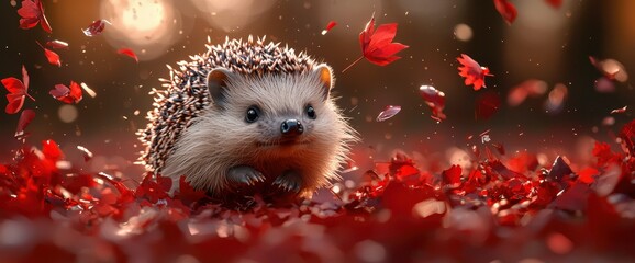 Adorable Hedgehog in a Shower of Autumn Leaves
