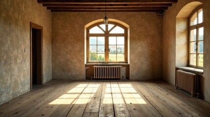 Sunlit Empty Room with Hardwood Floor and Large Windows