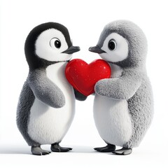 Fototapeta premium Cute Cartoon Penguins Holding a Red Heart Symbolizing Love and Friendship in a Charming Winter Wonderland