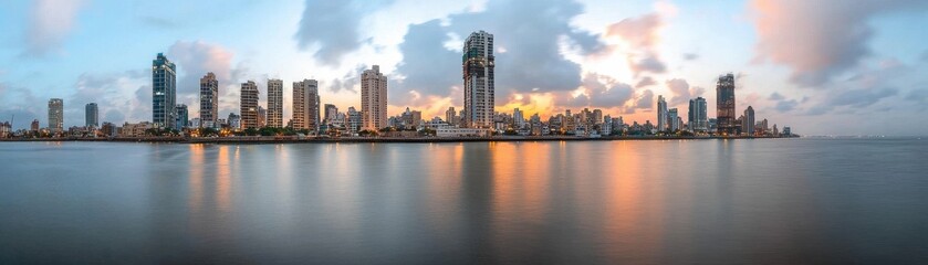 Fototapeta premium A panoramic view of a vibrant city skyline at sunset, reflecting on calm waters, showcasing modern architecture and a colorful sky.