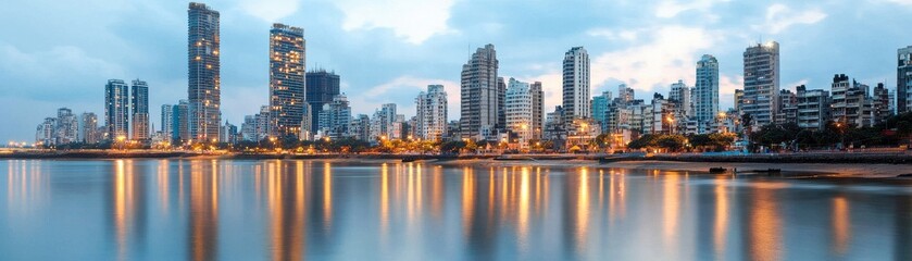 Fototapeta premium A panoramic view of a modern city skyline at dusk, reflecting lights on a calm water surface, showcasing architectural beauty and urban life.