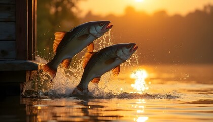Fototapeta premium Escena soñada de peces saltando en un lago dorado al atardecer