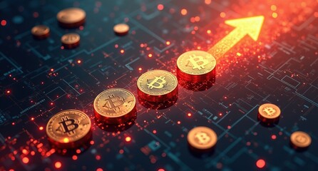  A stock illustration that represents Bitcoin as digital gold in fiery reds and soft grays, featuring ascending Bitcoin coins and expanding digital pathways