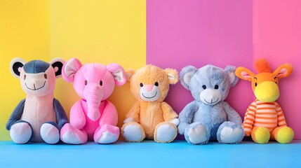 Plush cartoon animals toy on a colorful background