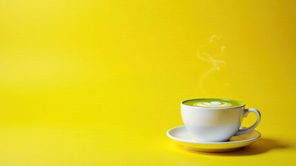 Obraz premium Aromatic Green Tea Latte with Heart Design in a White Cup on a Saucer Against a Vibrant Yellow Background