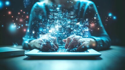 A person typing on a laptop, creating a detailed list of personal goals and setting priorities, surrounded by motivational tools like books and a vision board