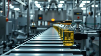 Fototapeta premium Pharmaceutical Production Line - Glass Bottle Conveyor - AI Art