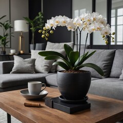 An elegant orchid plant with white blooms in a decorative black pot on a stylish coffee table in a spacious living room.