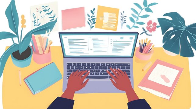 A person typing on a laptop, creating a detailed list of personal goals and setting priorities, surrounded by motivational tools like books and a vision board