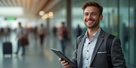 A young businessman holding tablet in airport with vibrant smile expresses a genuine sense of excitement and adventure, adding warmth to the scene