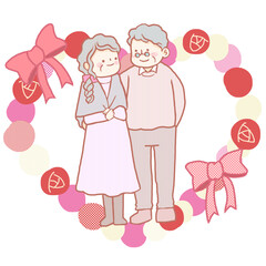 シニアカップルとバラとリボンのハート風の背景