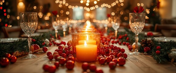Festive Christmas Table Setting with Candles and Decorations