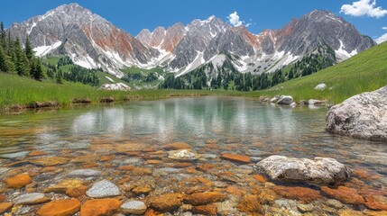Mountain lake reflecting peaks, clear water, colorful stones, meadow