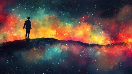Fototapeta premium Silhouette person gazing cosmic nebula landscape
