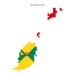 Grenada pixel flag map icon. 8 bit pixel art Grenadian map covered with flag. Flat vector illustration isolated on white background.