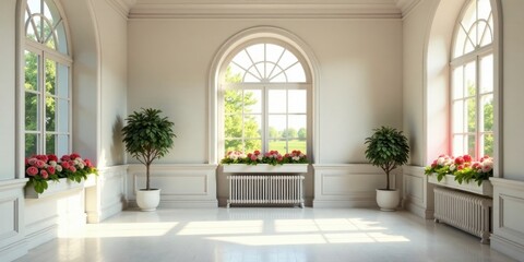 Serene sunlit interior with arched windows, radiant heating, and flowering plants in elegant window boxes