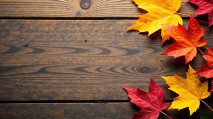 Obraz premium Autumnal foliage arranged on dark wood background, showcasing vibrant red and yellow leaves