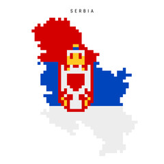 Serbia pixel flag map icon. 8 bit pixel art Serbian map covered with flag. Flat vector illustration isolated on white background.