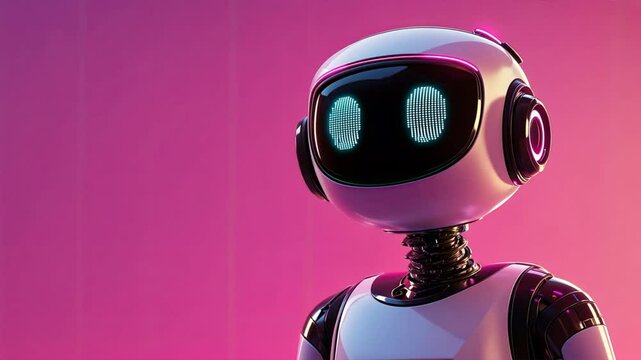 Cute futuristic robot with glowing eyes and sleek design against vibrant pink background, showcasing advanced technology and artificial intelligence in playful character.