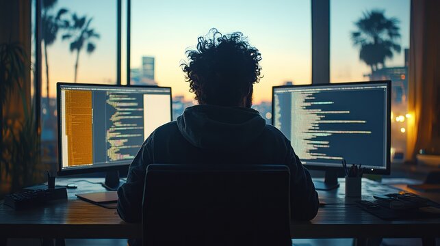 Urban coder at dawn, overlooking city, focused on code