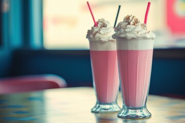 Two Pink Strawberry Milkshakes Topped With Whipped Cream