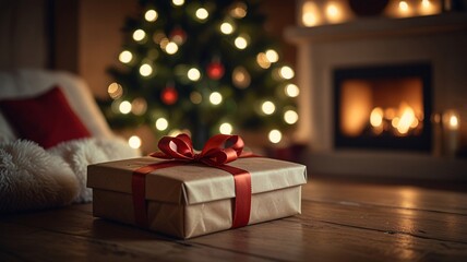 Cozy Christmas Living Room with Gift, Tree, and Fireplace Glow V7