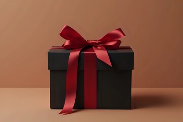 A sophisticated black gift box adorned with a vibrant red ribbon, set against a pantone mocha mousse background