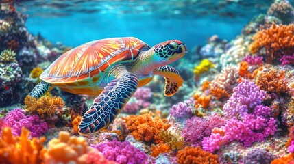 Obraz premium Vibrant sea turtle swims amidst colorful coral reef
