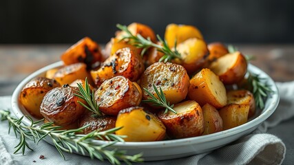 Roasted Potatoes with Herbs & Rosemary - Healthy Food Photography Mockup Wallpaper HD