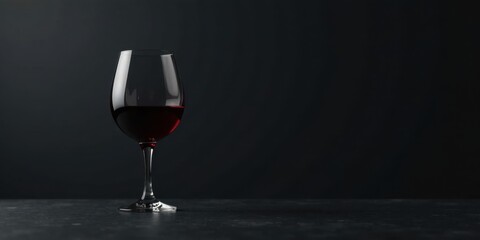 A single glass of rich red wine sits on a dark surface against a moody backdrop, perfect for sophisticated advertisements or elegant presentations.