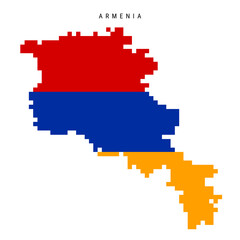 Fototapeta premium Armenia pixel flag map icon. 8 bit pixel art Armenian map covered with flag. Flat vector illustration isolated on white background.
