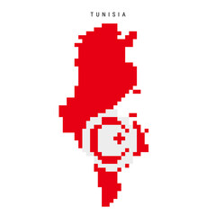 Obraz premium Tunisia pixel flag map icon. 8 bit pixel art Tunisian map covered with flag. Flat vector illustration isolated on white background.