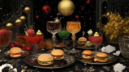 Naklejka premium A festive table setting featuring colorful drinks and miniature burgers.