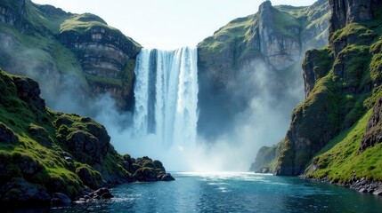 Naklejka premium Majestic Waterfall Cascading Down Verdant Cliffs into Serene Blue Waters