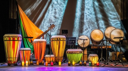 A vibrant display of drums and musical instruments set for a performance.