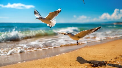 Fototapeta premium Two seagulls in flight above a sandy beach with gentle waves, capturing the essence of a sunny day by the ocean.