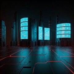 A sleek futuristic cityscape with neon lights, holographic elements, and dark metallic tones, creating a high-tech, sci-fi vibe with glowing gridlines and digital patterns.
