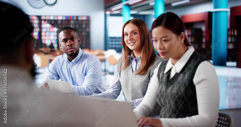 Poster students learning online at university library