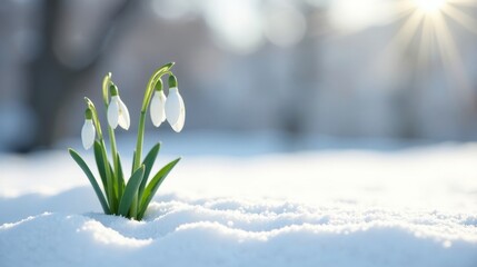 Delicate snowdrops emerge from a blanket of pristine snow, bathed in the soft glow of the winter sun, a symbol of hope and resilience in the face of winter's chill.