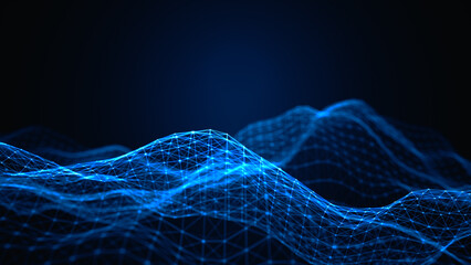 Abstract digital landscape with blue grid waves. Futuristic digital illustration of blue glowing grid waves forming an abstract 3D landscape, symbolizing technology and data networks. 3d rendering