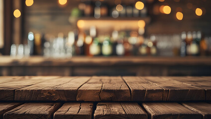 A rustic countryside bar background featuring a wooden table board in foreground, perfect for creating a display mock-up and generating ideas, ai