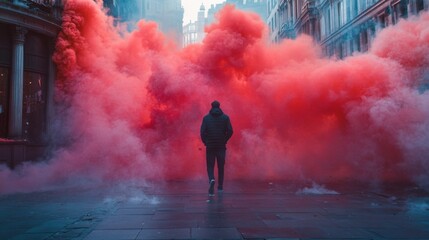 A figure stands resolutely amidst vibrant red smoke. The scene evokes emotions of rebellion and strength. This powerful imagery captivates the viewer. Generative AI
