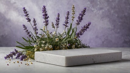 Minimalistic Pastel Lavender Podium with Purple Flowers on Rustic Stone.