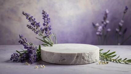 Minimalistic Pastel Lavender Podium with Purple Flowers on Rustic Stone.