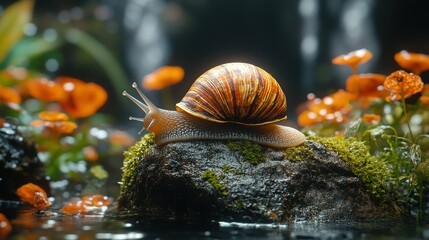 A colorful snail resting on a mossy rock amidst vibrant flowers in a serene environment.