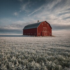 Obraz premium A red barn standing alone in a vast white field.