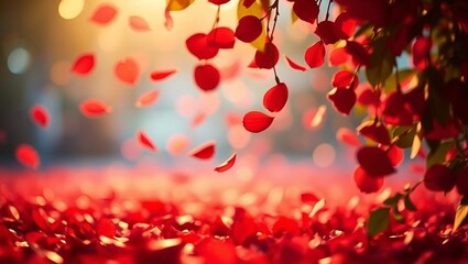 Valentine's Day Banner with copy space, a cascade of red and pink rose petals falling gracefully in slow motion, a soft blurred background of glowing light bokeh